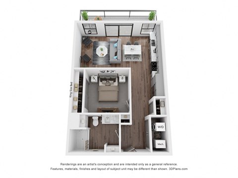 Floor plan for studio, 1 bath, 576 sqft